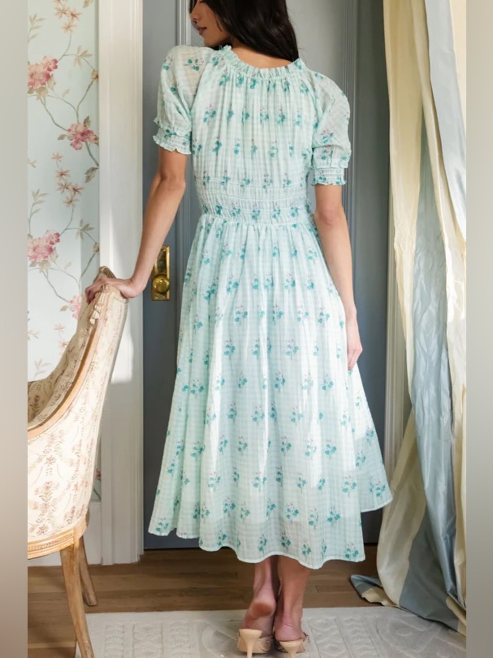 Ivy City Co Mint Floral Puff Sleeve Midi Dress - Picture 4 of 15